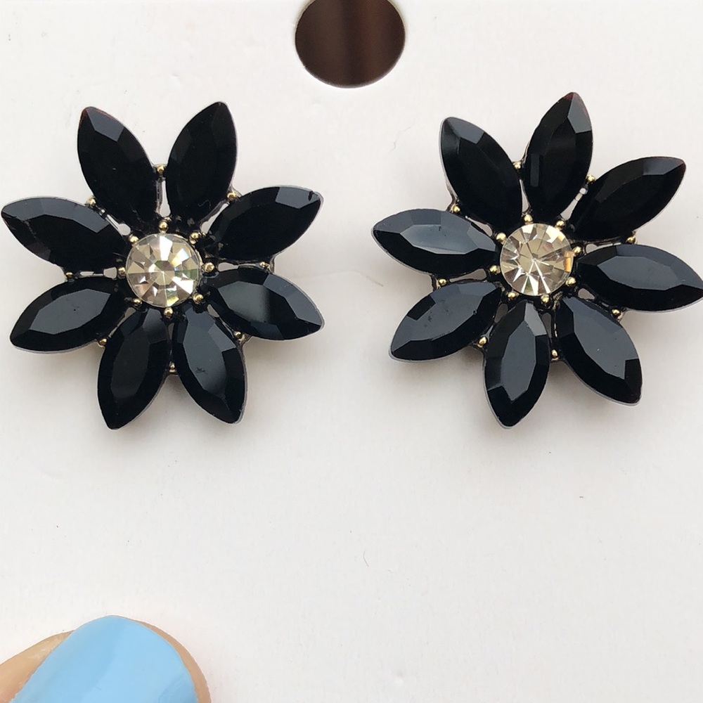 Black + Gold Crystal Flower Statement Earrings - image 4